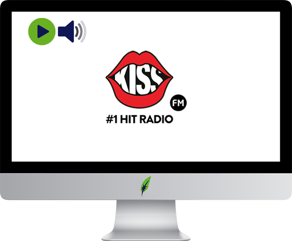 Afbeelding computerscherm met logo radiozender Kiss FM - Roemenië - in kleur op transparante achtergrond - 600 * 496 pixels